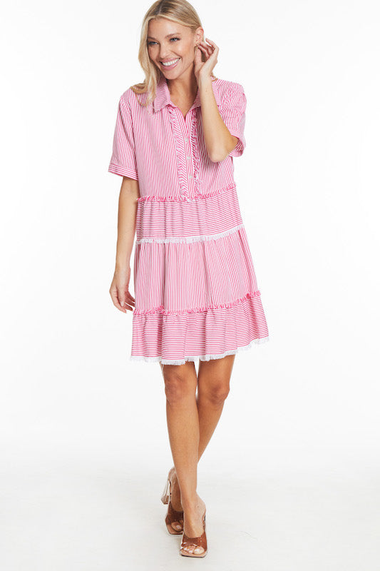 Cuffed Short Sleeve Woven Dress- Bright Pink