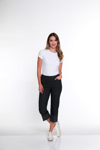 Embroidered Hem Crop Pant- Black