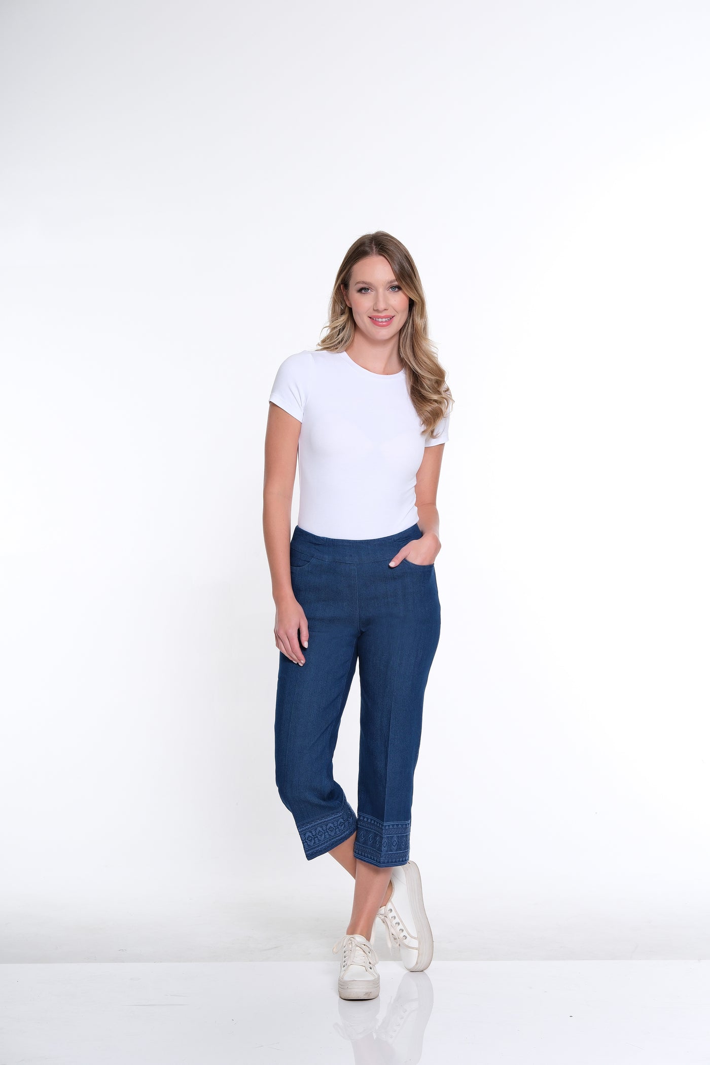 Embroidered Hem Crop Pant- Light Indigo