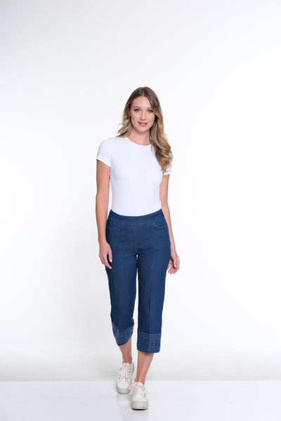 Embroidered Hem Crop Pant- Light Indigo