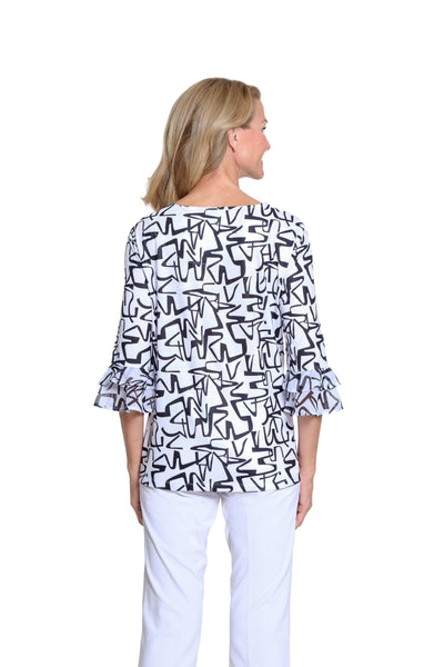Drawstring Front Knit Top - Petite - Black/White Print
