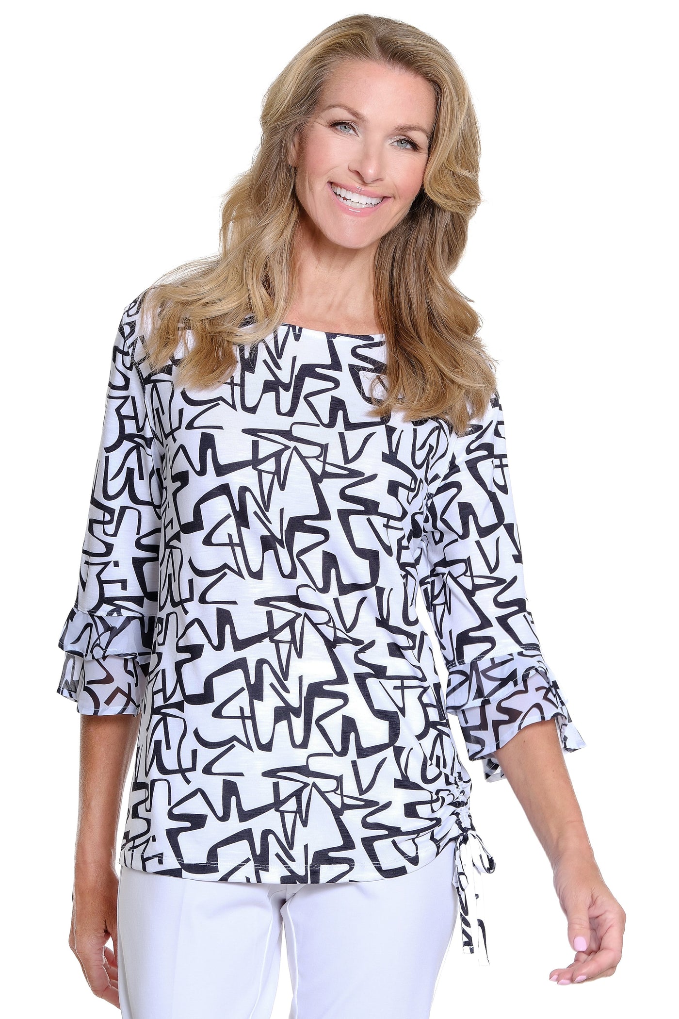 Drawstring Front Knit Top - Petite - Black/White Print