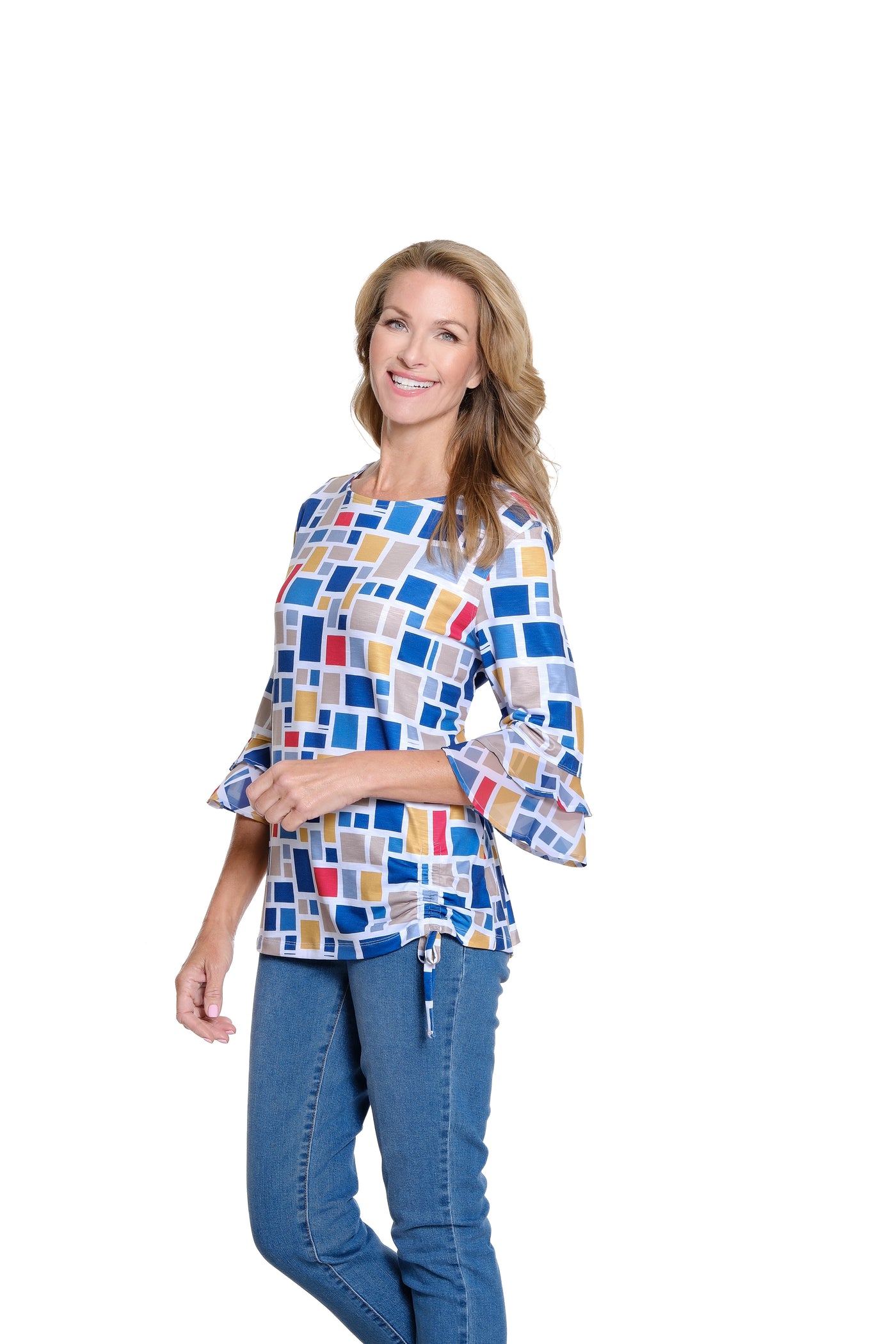 Drawstring Front Knit Top - Petite - Block Multi