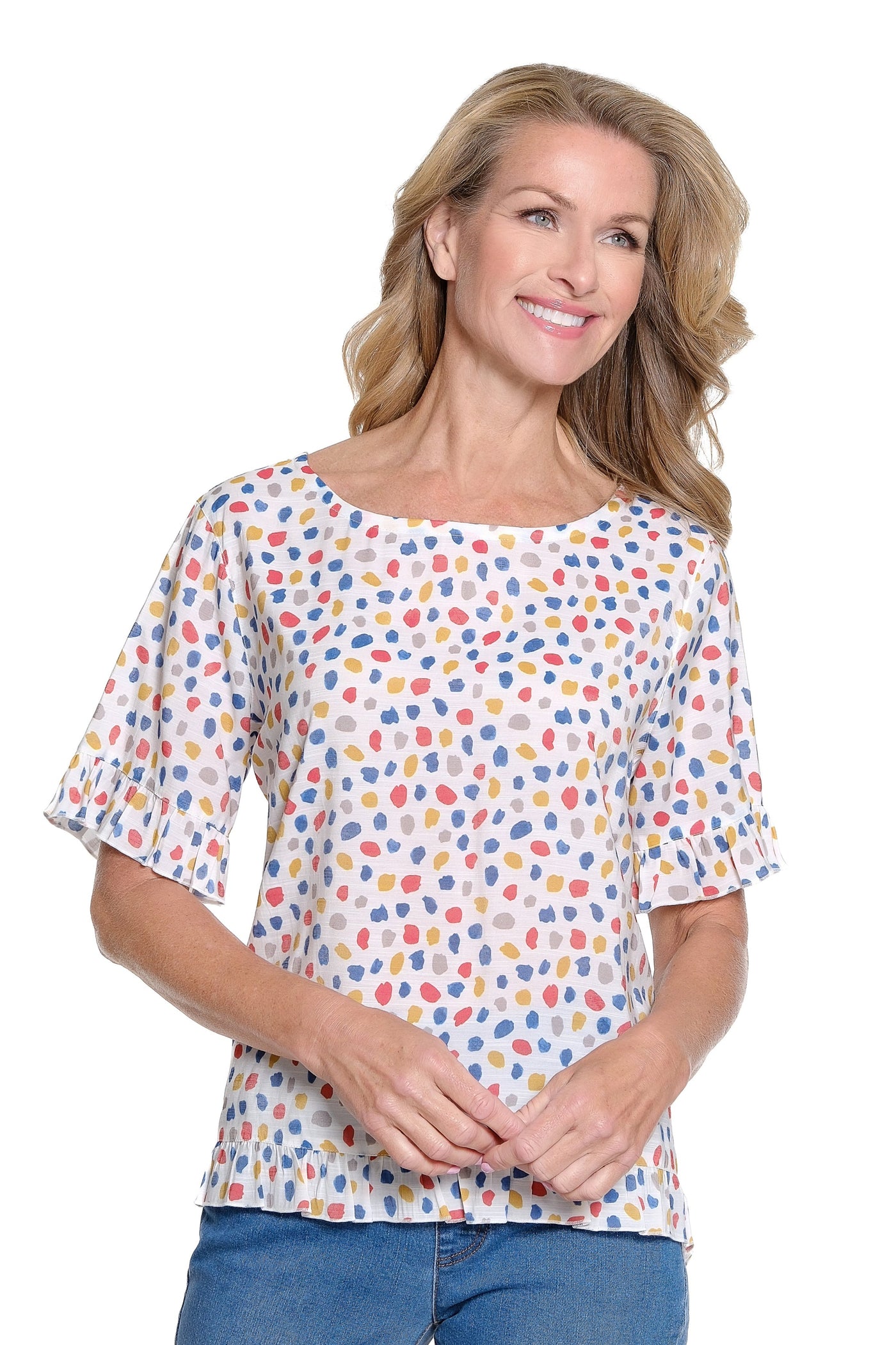 Printed Ruffle Hi-Lo Scoop Neck Top - Multi