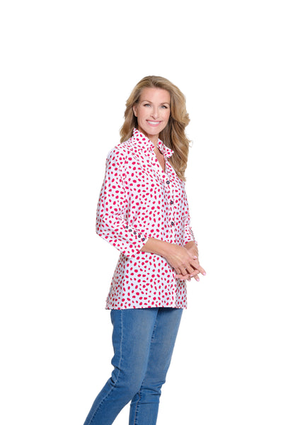 Printed Crinkle Woven Y-Neck Shirt - Fiery Red