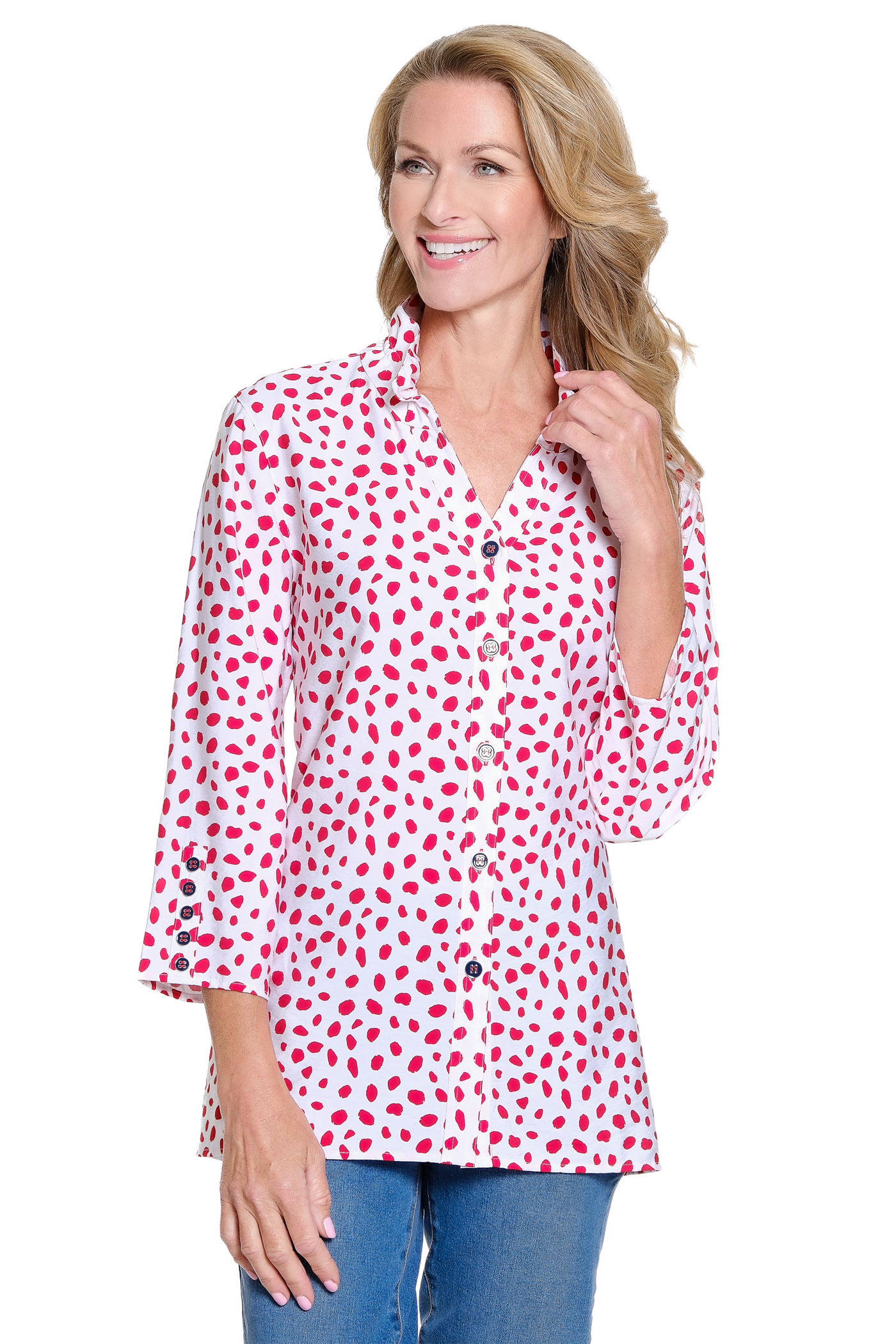 Printed Crinkle Woven Y-Neck Shirt - Fiery Red