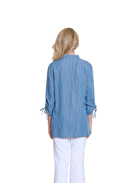 Printed Woven Shirt with Drawstring Sleeves - Denim Print