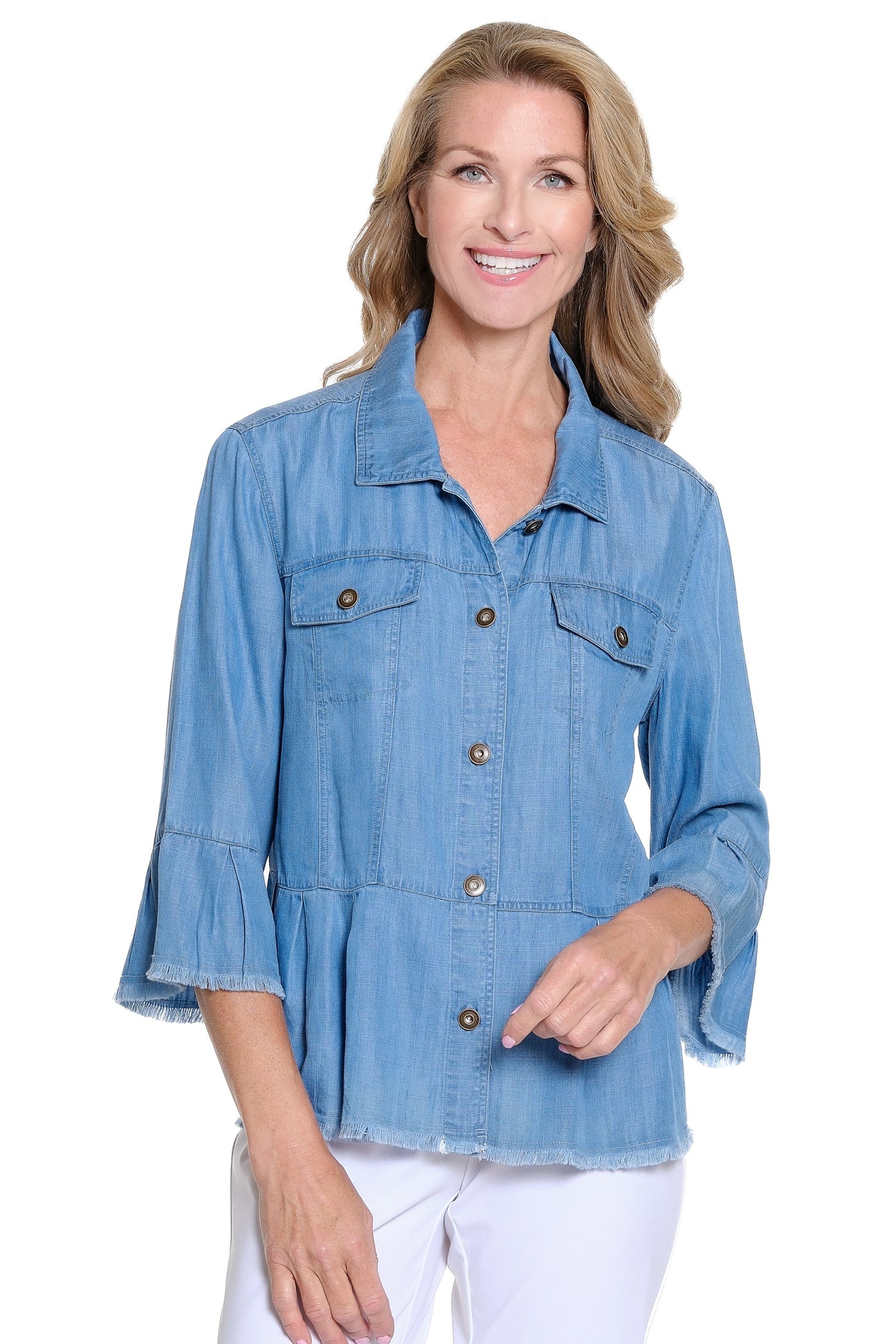 Peplum Jacket with Flounce Sleeves - Light Indigo