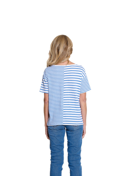 Striped Pucker Knit Top with Laced Back - Cadet Blue