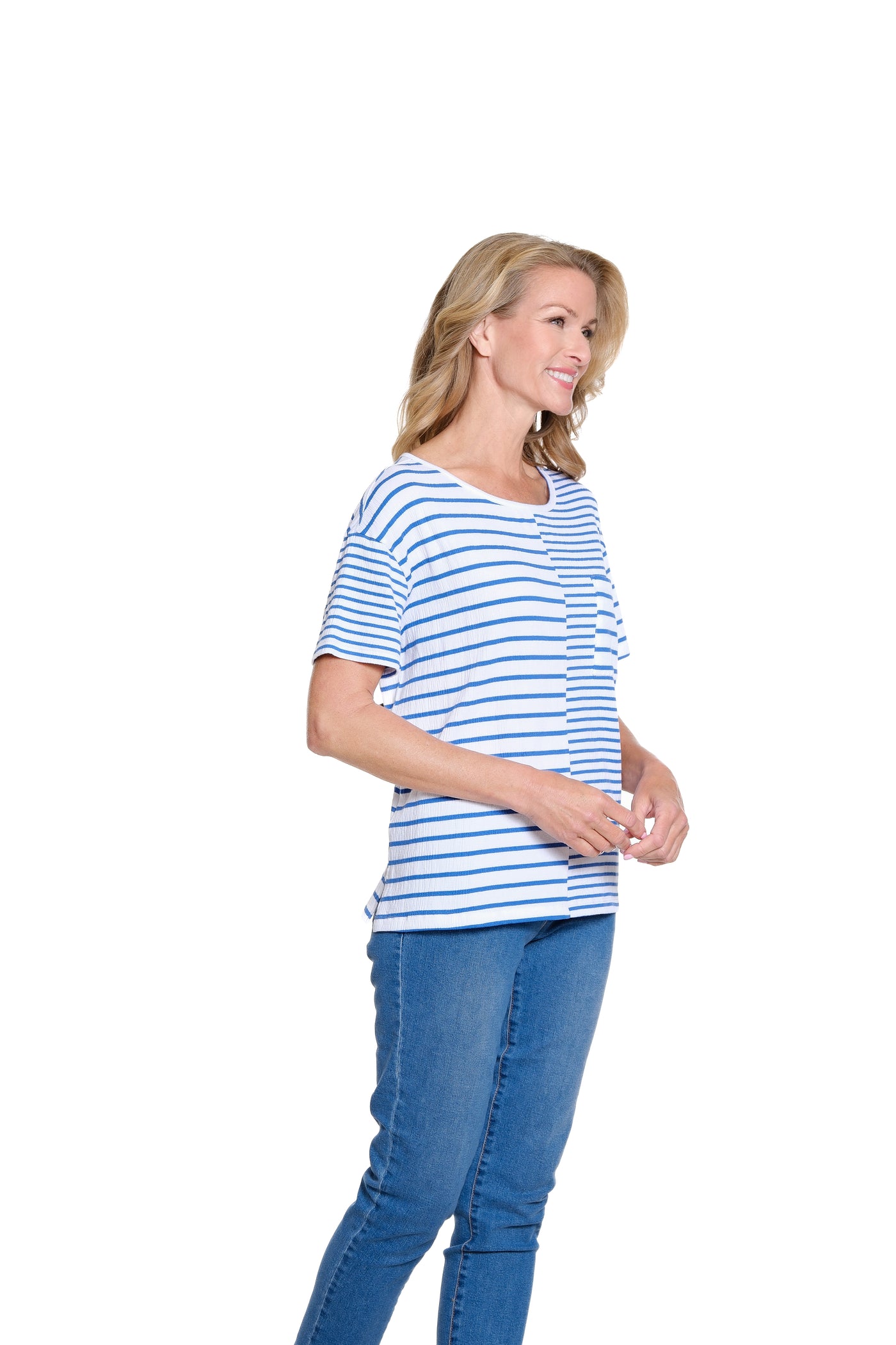 Striped Pucker Knit Top with Laced Back - Cadet Blue
