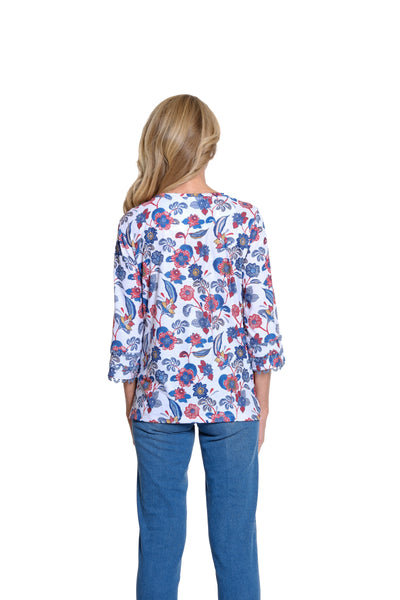 Printed Slub Knit Top with Lace Trim - Multi