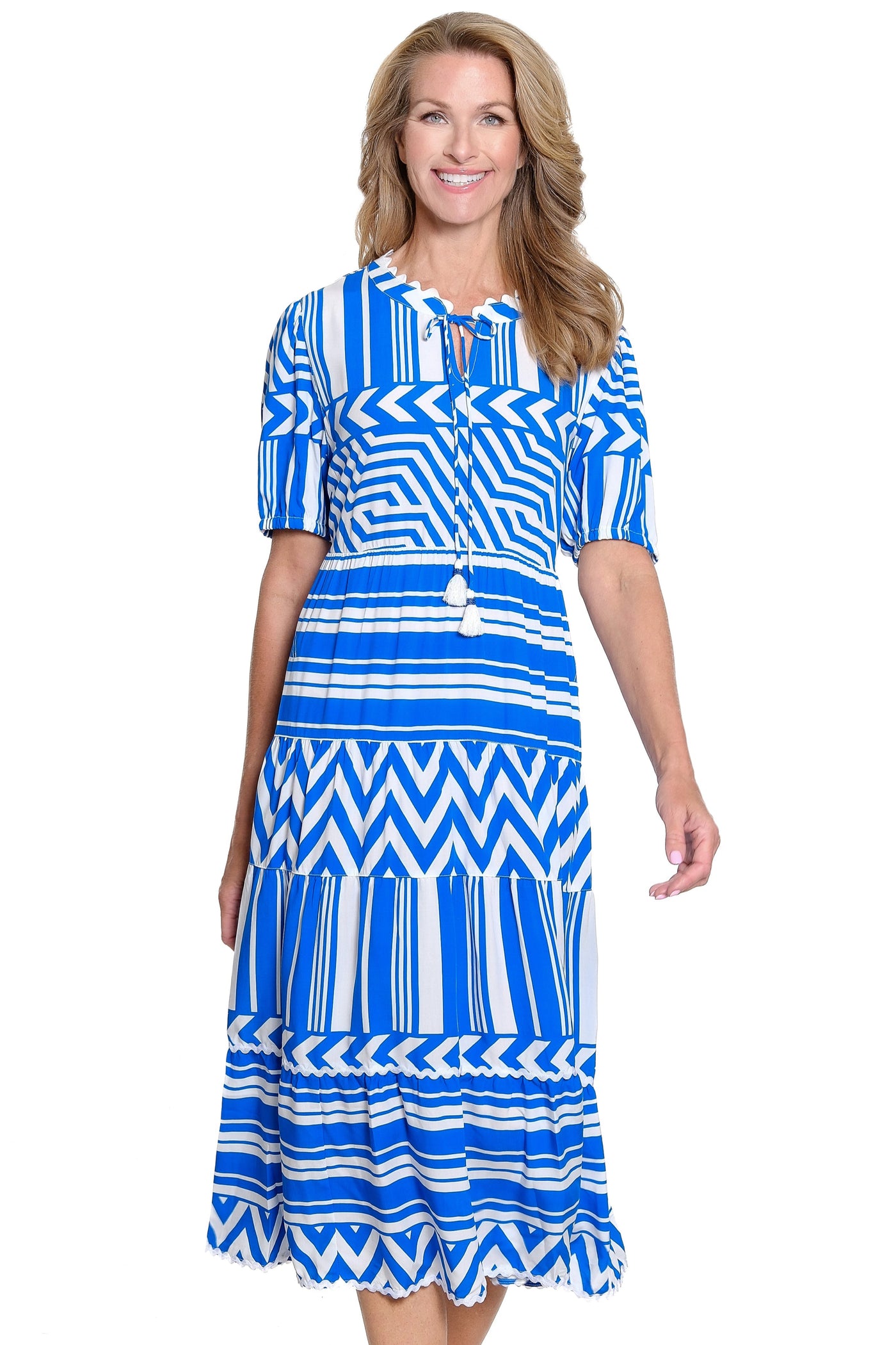 Puff Short Sleeve Print Dress - Bright Royal