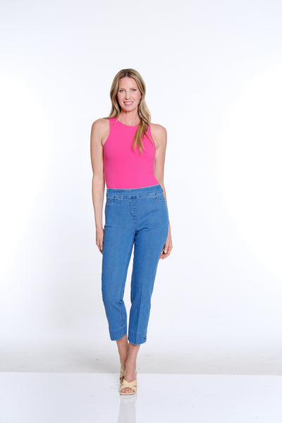 Denim Crop Pant with X-Strap Hem - Medium Denim