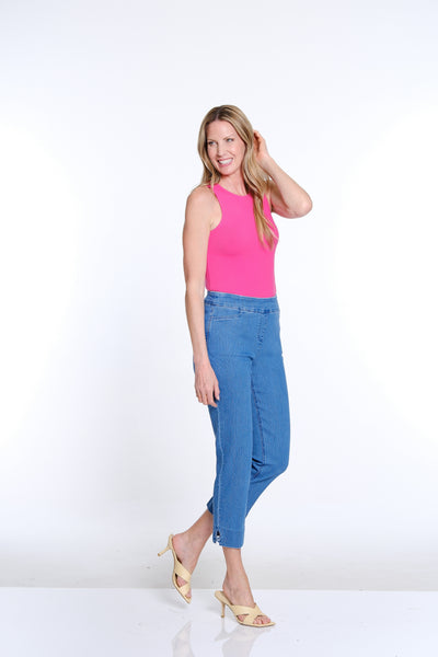 Denim Crop Pant with X-Strap Hem - Medium Denim