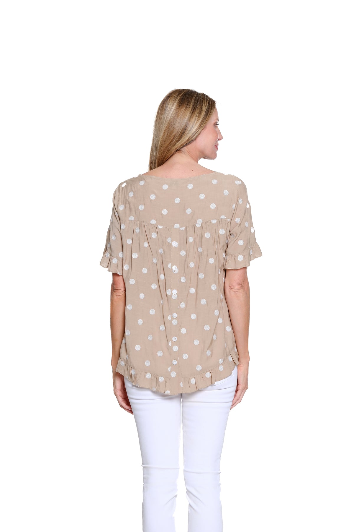 Ruffle Tm Ruffle Hi-Low Button Back Top - Petite - Khaki – SYI Brands-Multiples