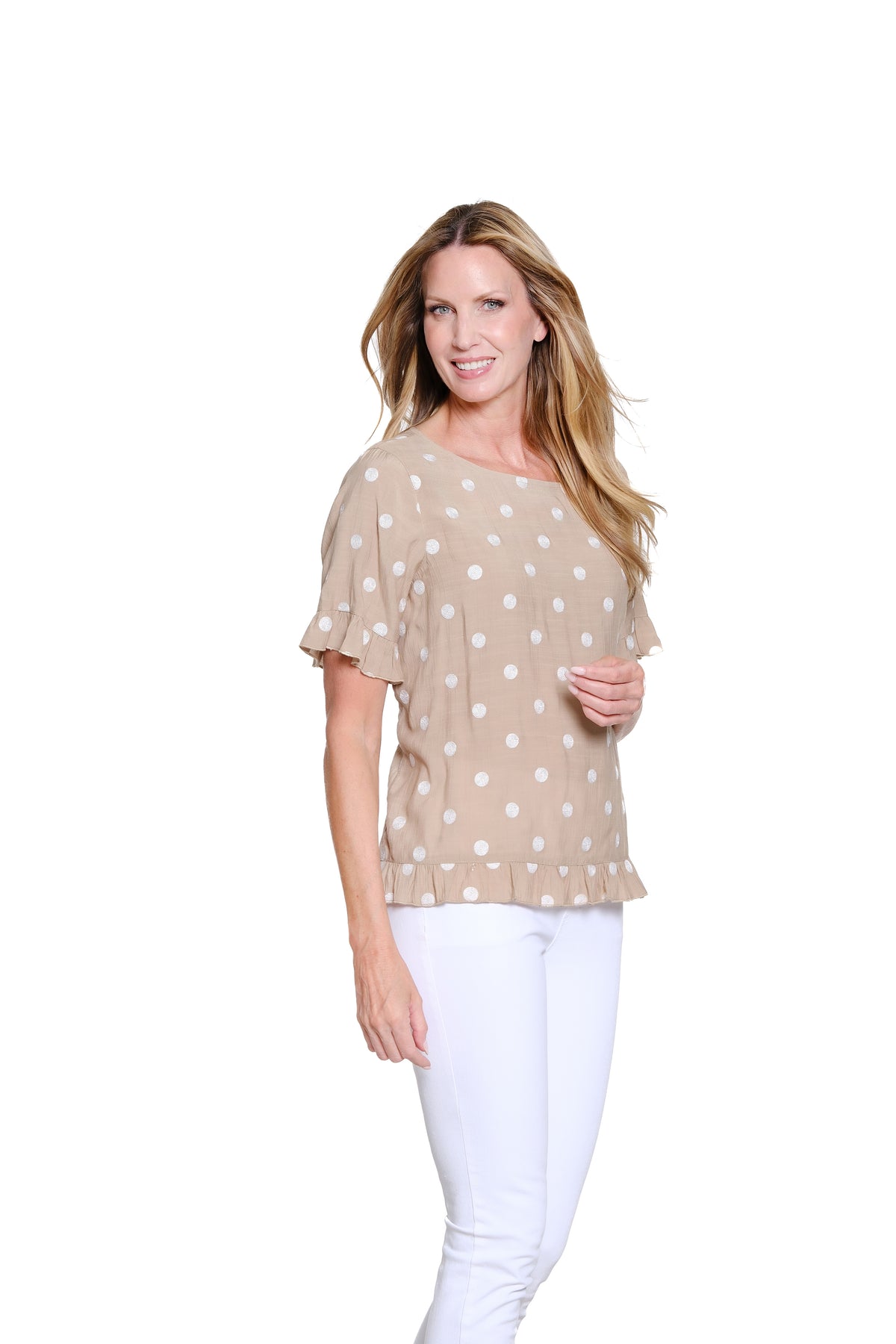 Ruffle Tm Ruffle Hi-Low Button Back Top - Petite - Khaki – SYI Brands-Multiples