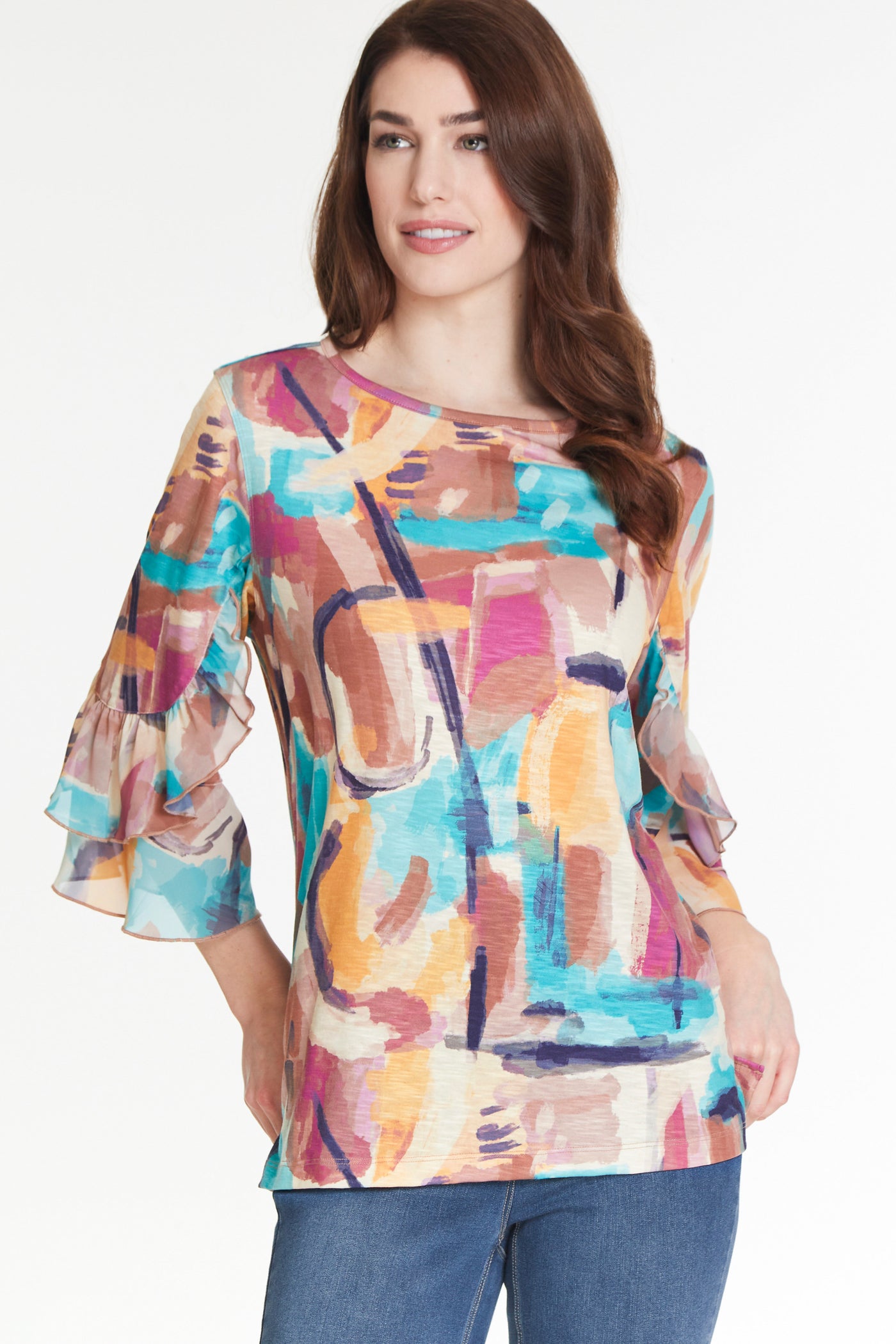 Ruffle Sleeve Knit Top - Women's - Abstract Multi