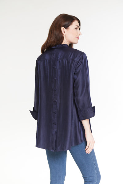 Button Front Solid Shimmer Shirt - Women's - Rich Navy