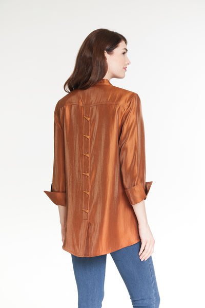 Button Front Solid Shimmer Shirt - Rich Tobacco