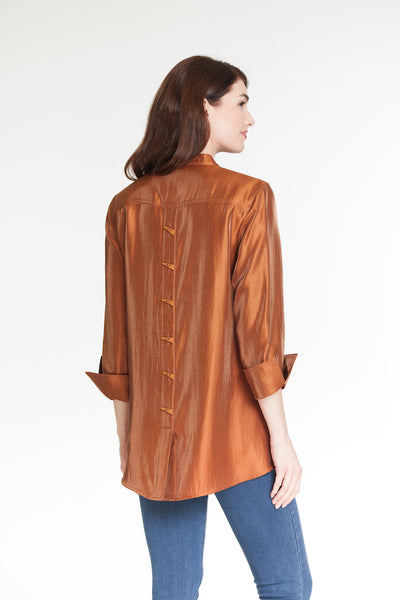 Button Front Solid Shimmer Shirt - Women's - Rich Tobacco