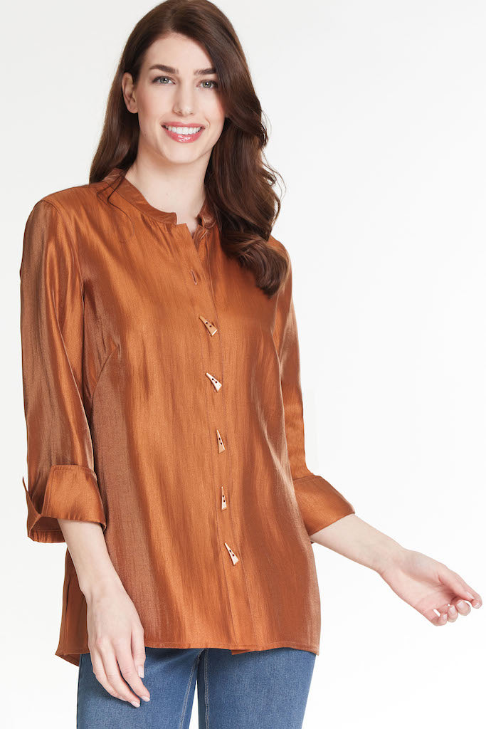 Button Front Solid Shimmer Shirt - Women's - Rich Tobacco