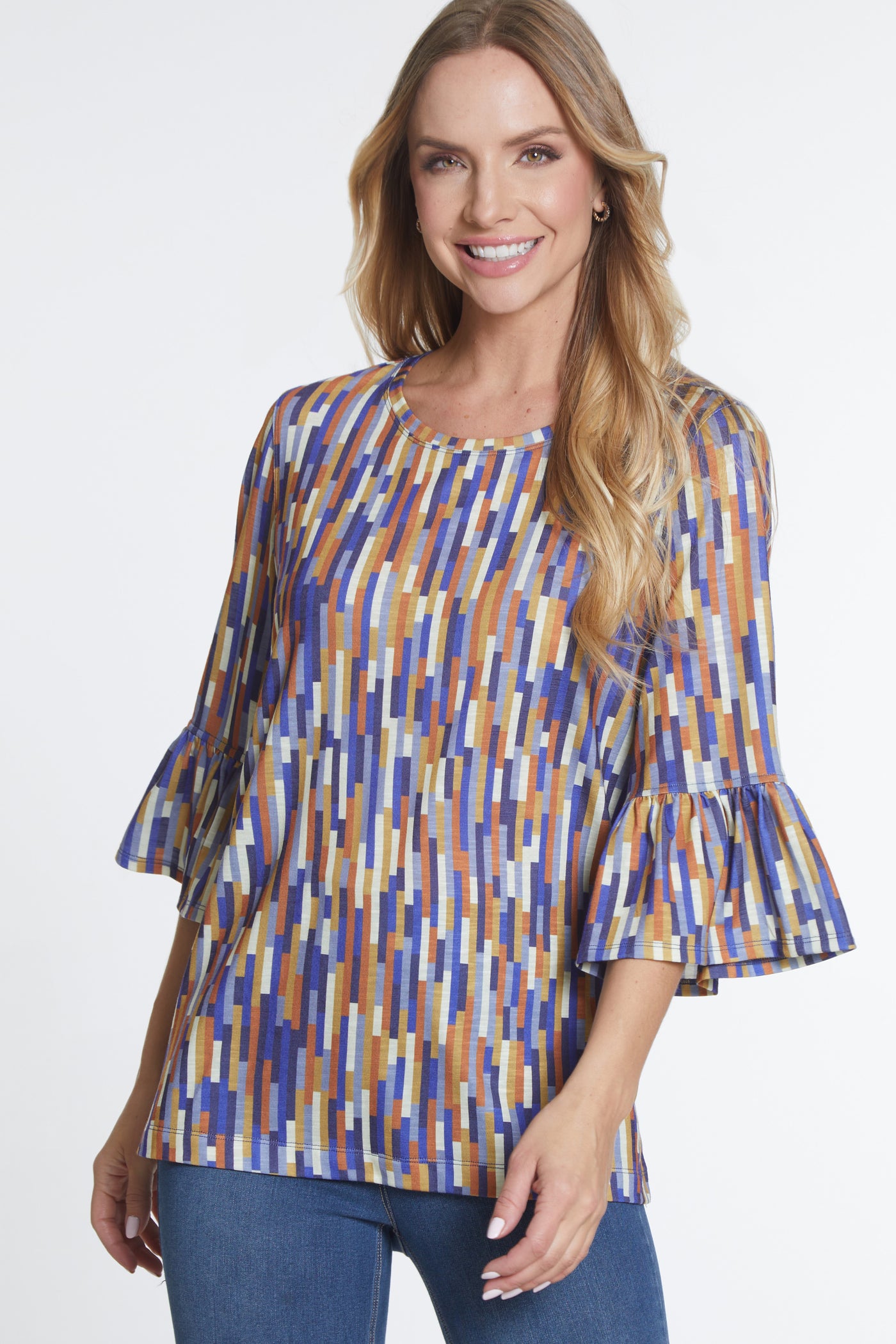 3/4 Flounce Sleeve Top - Line Multi