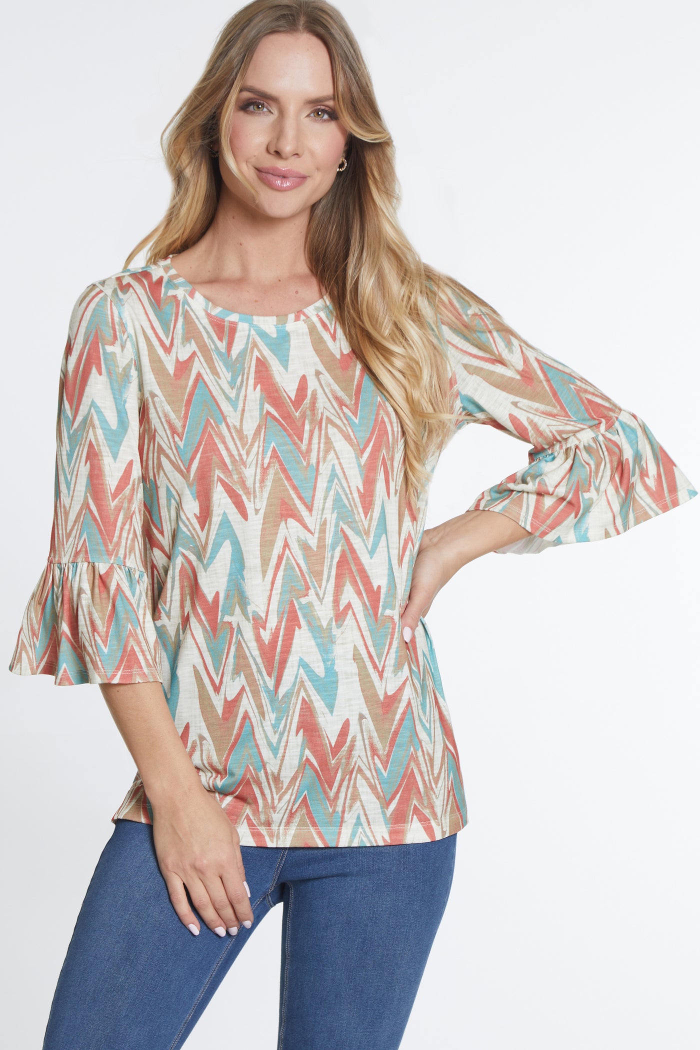 3/4 Flounce Sleeve Top - Women's - Multi