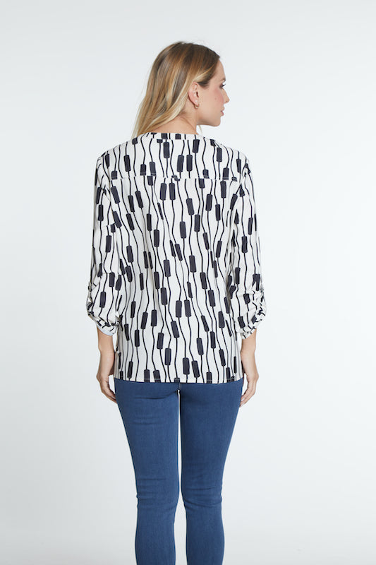 3/4 Sleeve Button Front Shirt - Black Print