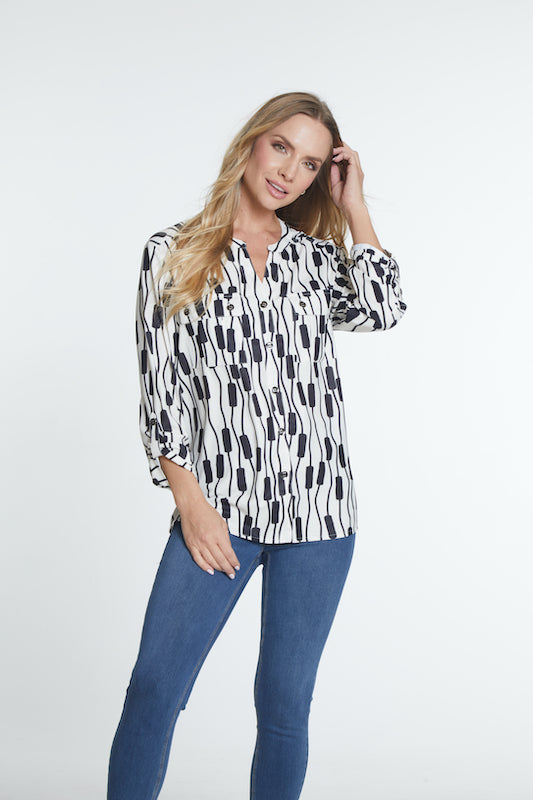 3/4 Sleeve Button Front Shirt - Women's - Black Print