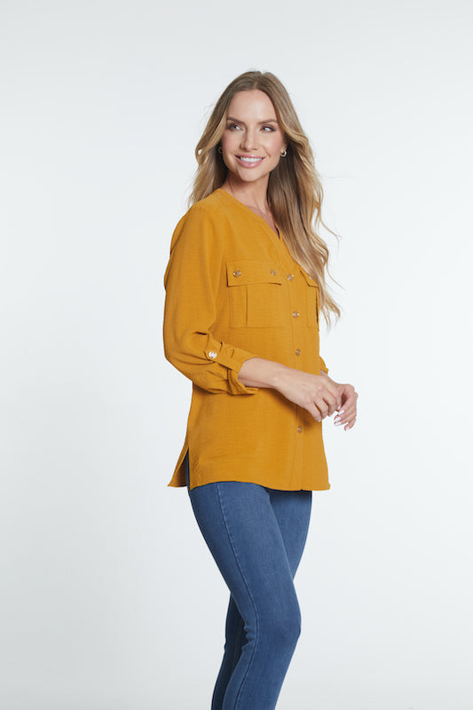 3/4 Sleeve Button Front Shirt - Dark Gold