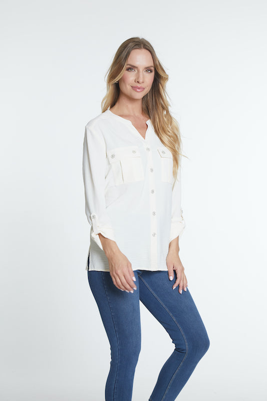 3/4 Sleeve Button Front Shirt - Ivory