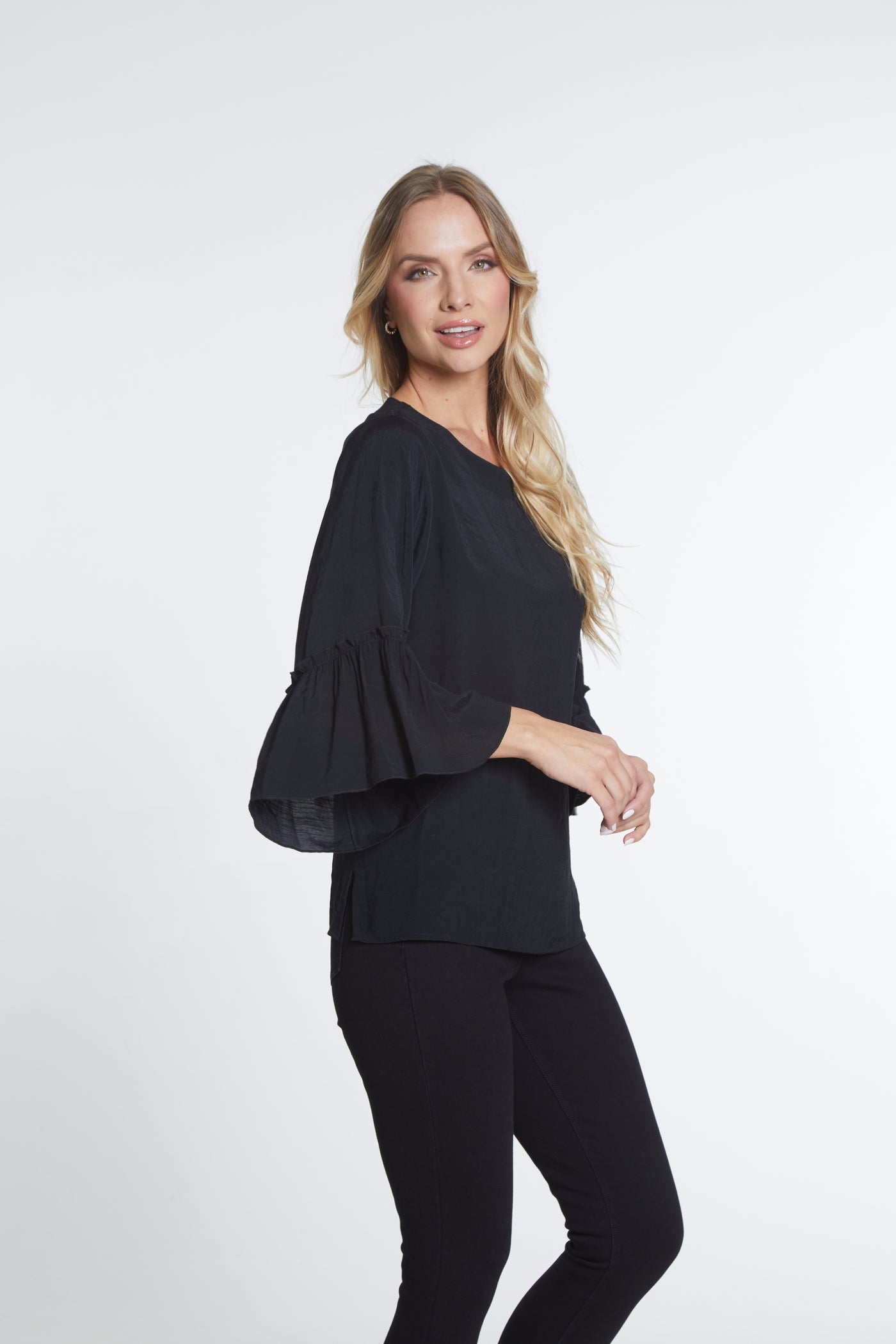 Flounce Sleeve Solid Top - Black