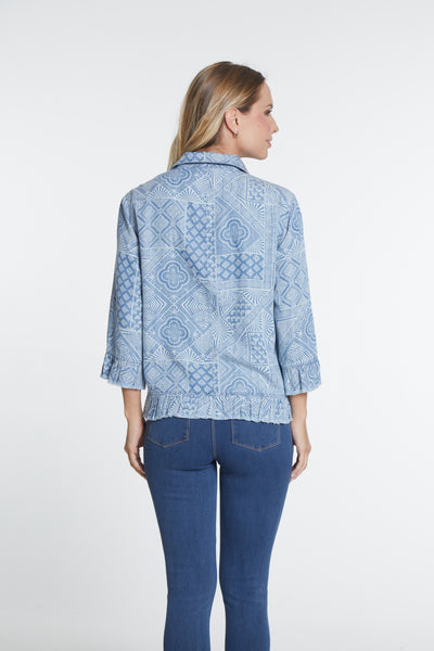 Ruffle Hem Jean Jacket - Indigo Print