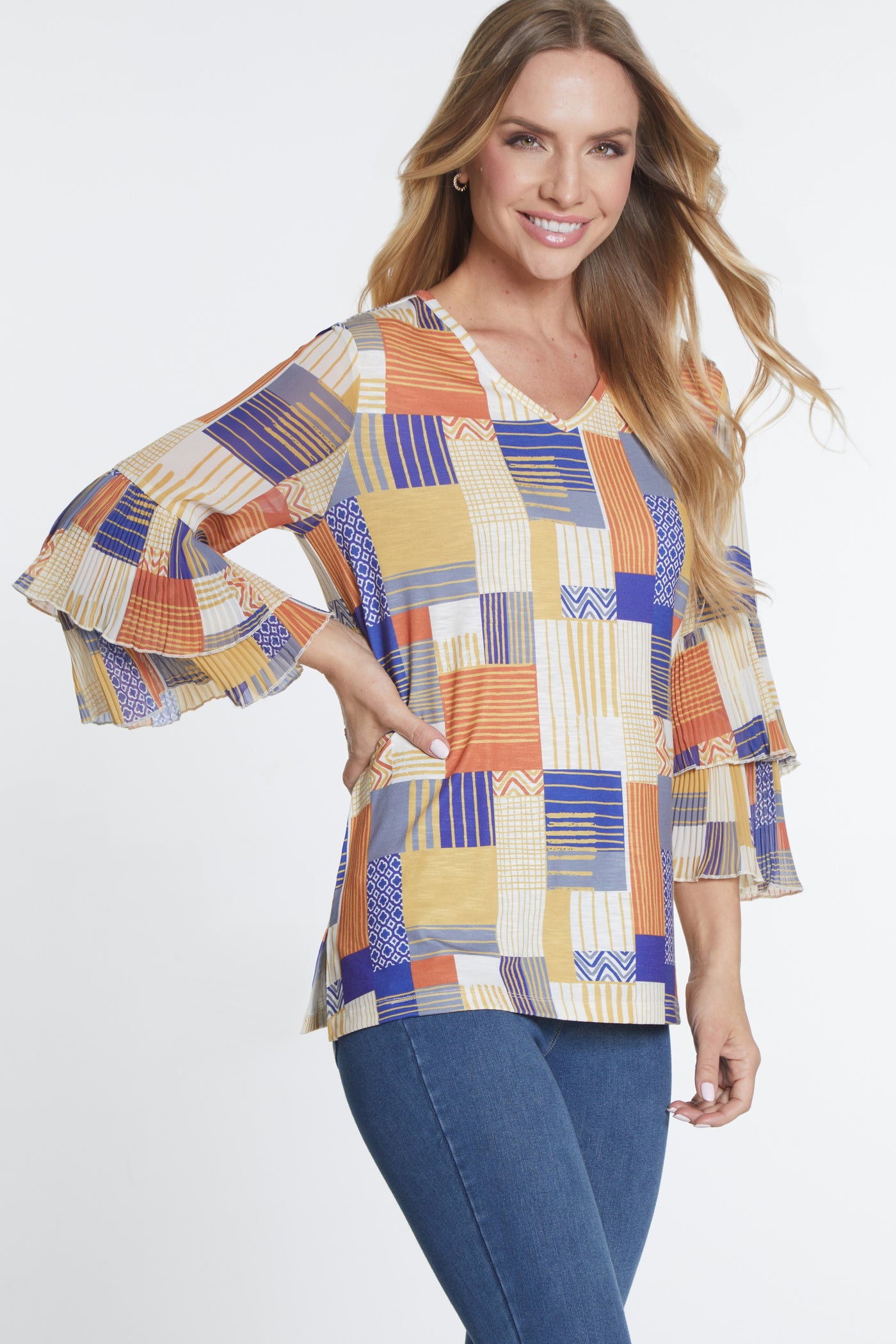 Pleated Double Flounce Sleeve Top - Women's - Multi