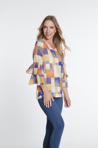 Pleated Double Flounce Sleeve Top - Women's - Multi