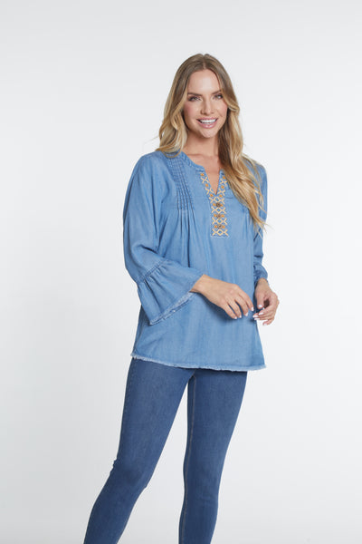 Woven Top with Embroidered Trim - Women's - Indigo