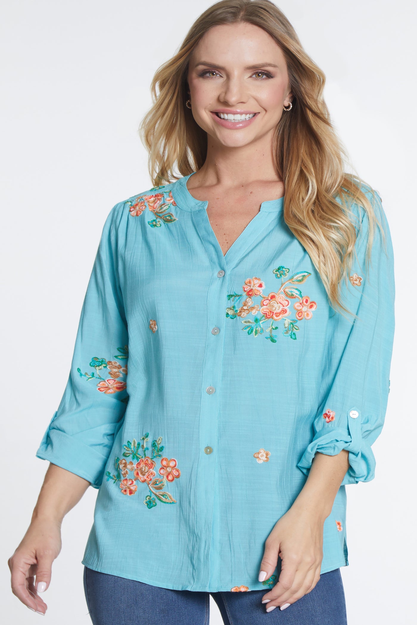 Tie Front Woven Shirt - Women's - Aqua