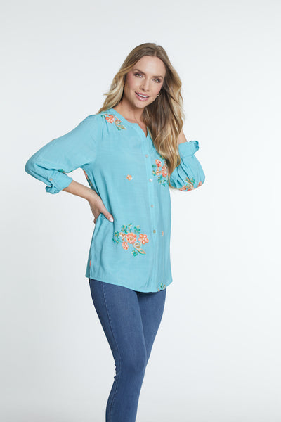 Tie Front Woven Shirt - Women's - Aqua