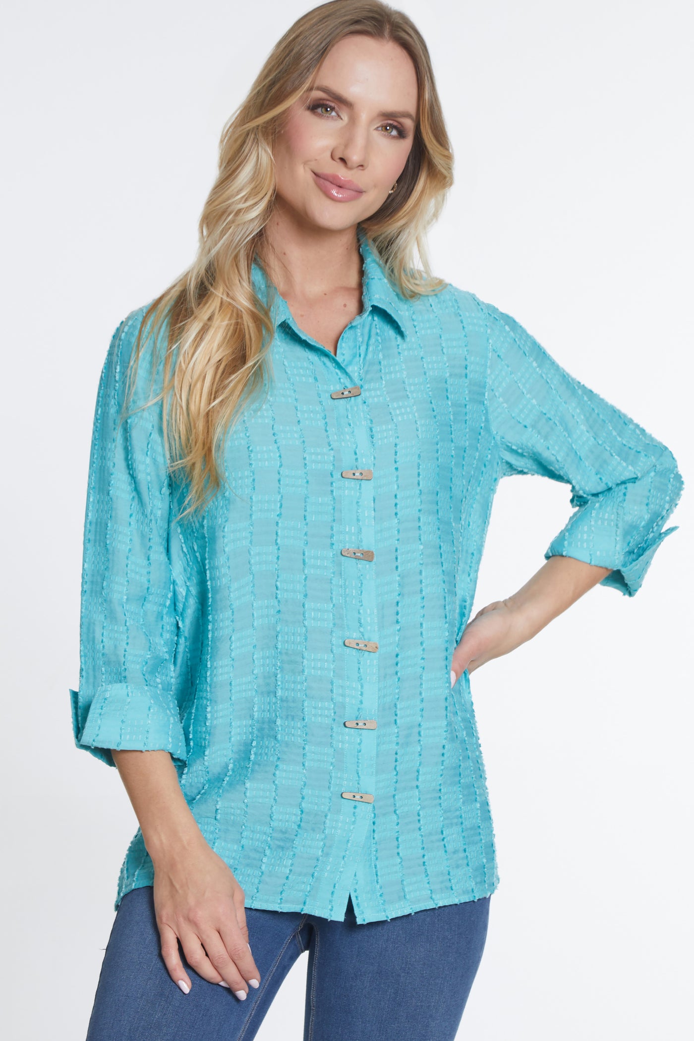 Turn Up Cuff Button Front Shirt - Aqua