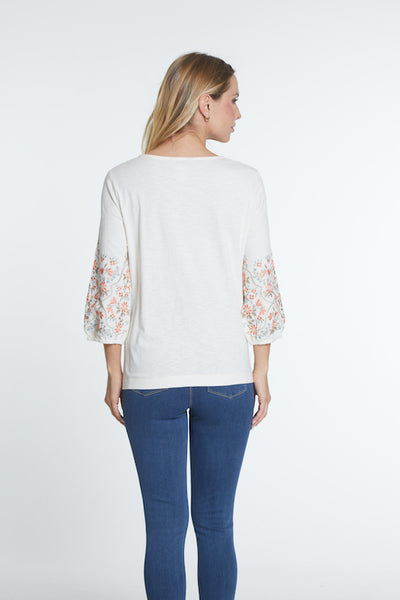 3/4 Embroidered Sleeve Top - Ivory