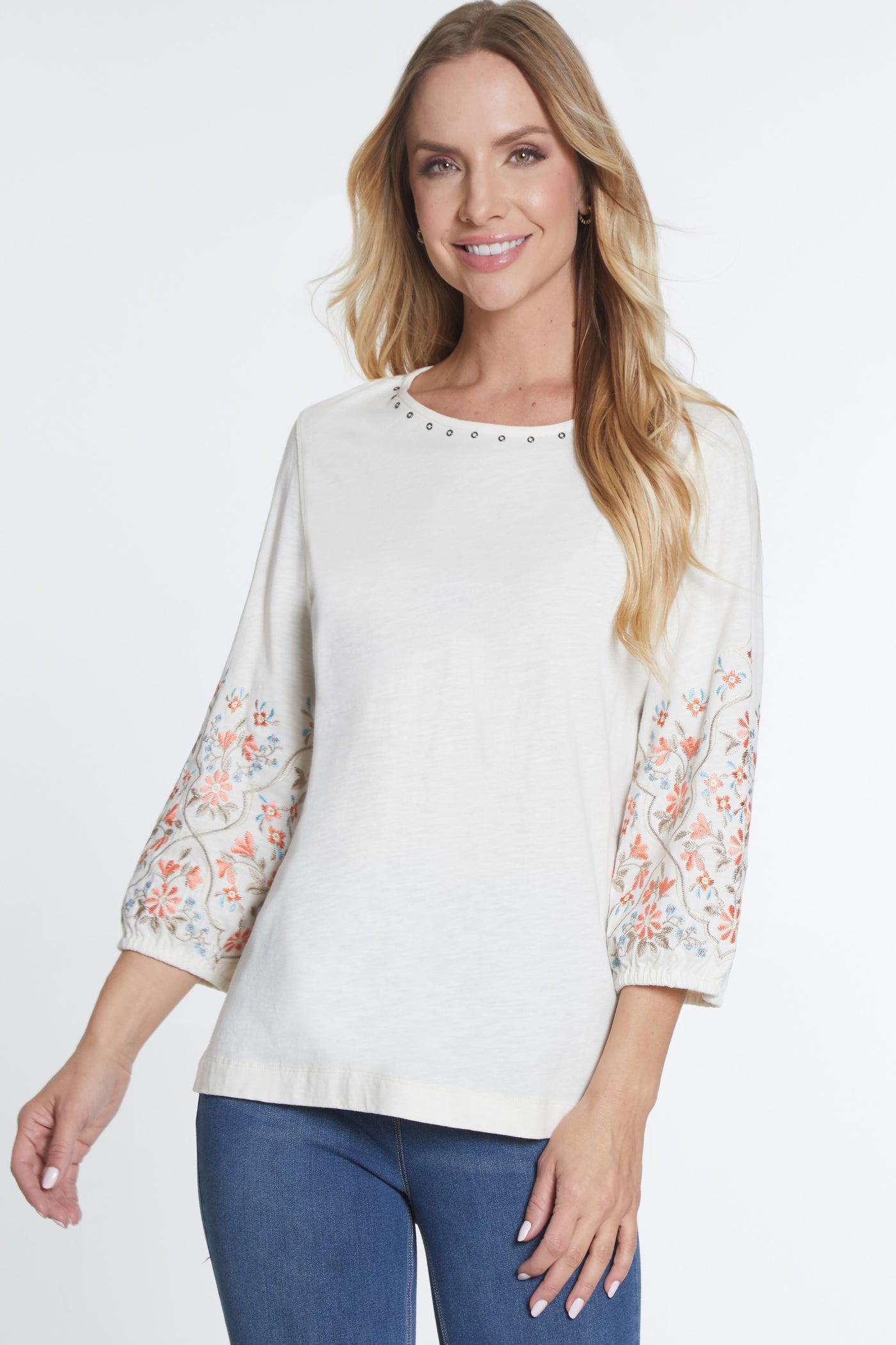 3/4 Embroidered Sleeve Top - Ivory