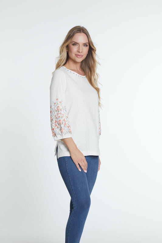 3/4 Embroidered Sleeve Top - Ivory