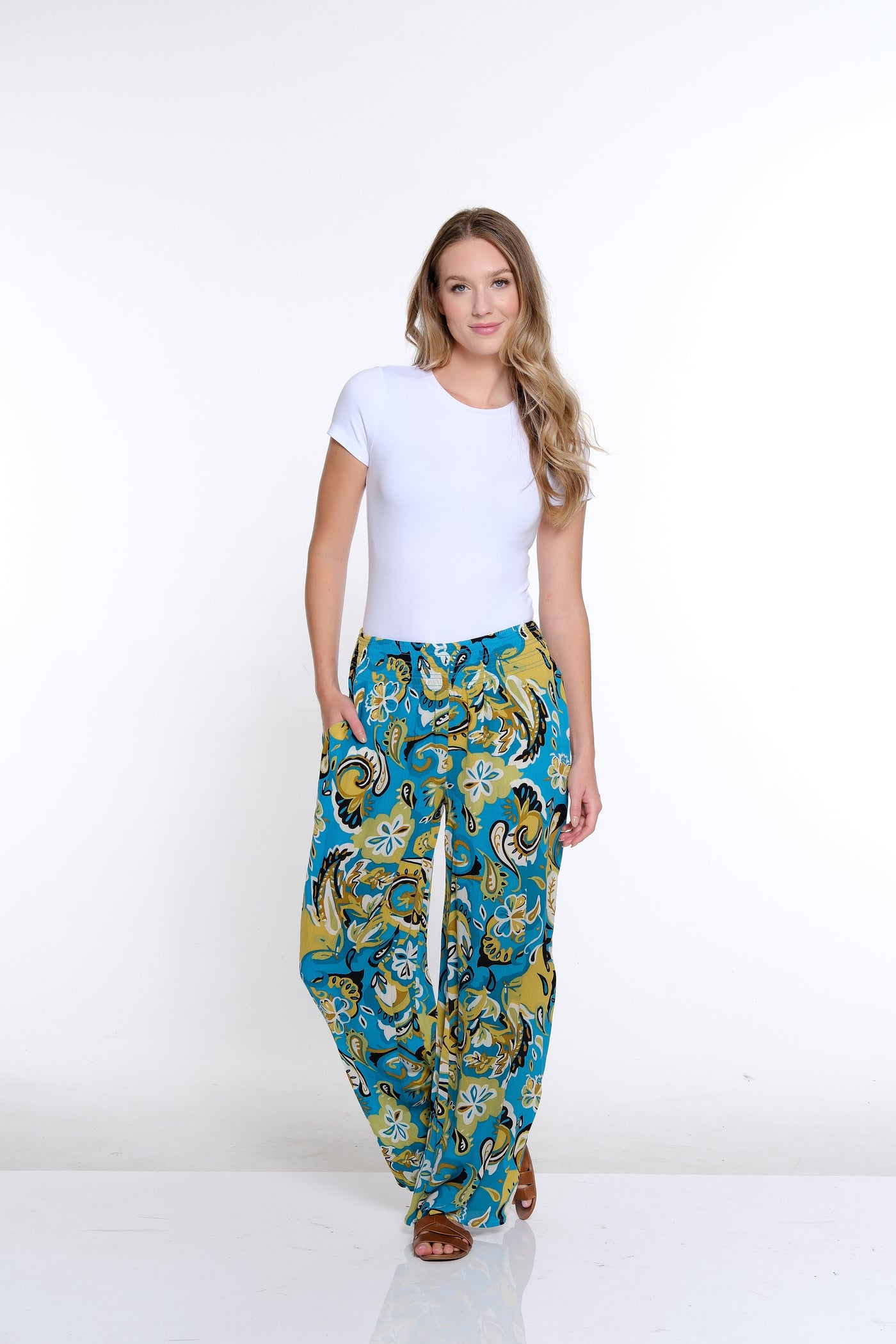 Plus Elastic Waist Wide Leg Pant- Paisley Multi