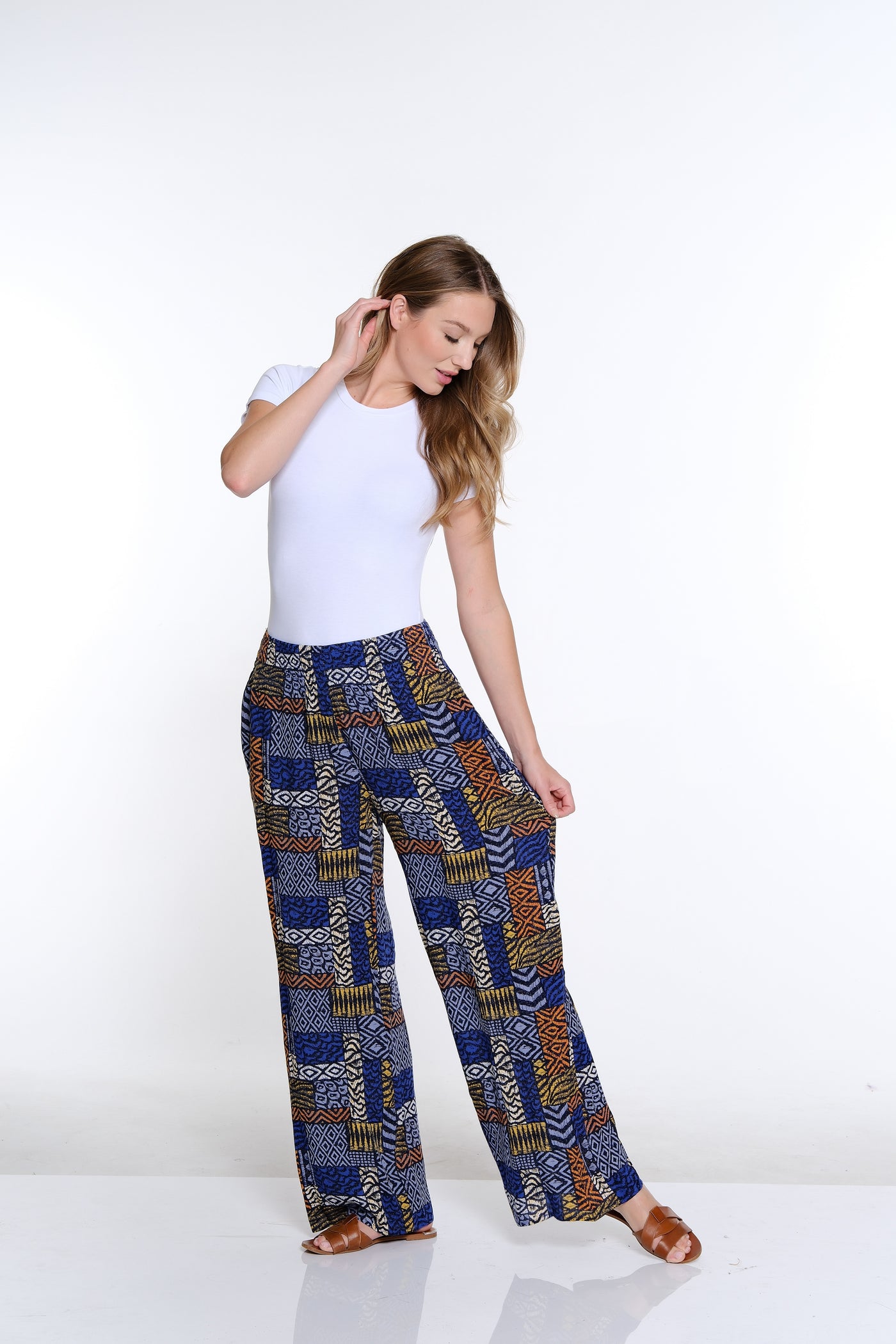 Elastic Waist Wide Leg Pant- Patch Multi