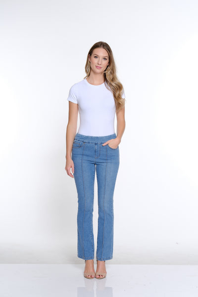 Pintuck Flare Leg Jean- Medium Indigo