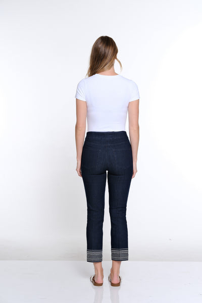 Embroidered Hem Ankle Pant- Denim