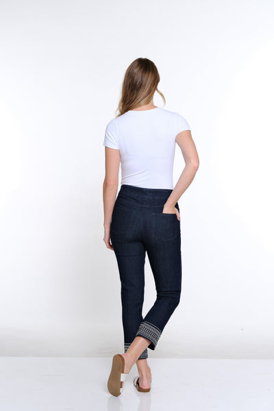 Plus Embroidered Hem Ankle Pant- Denim