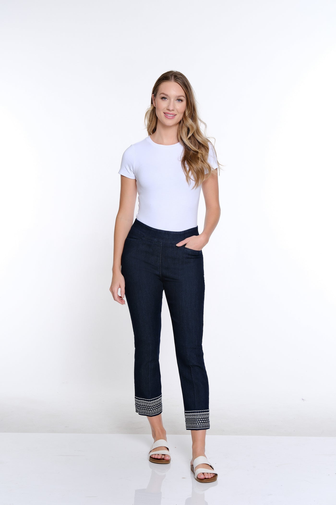 Plus Embroidered Hem Ankle Pant- Denim