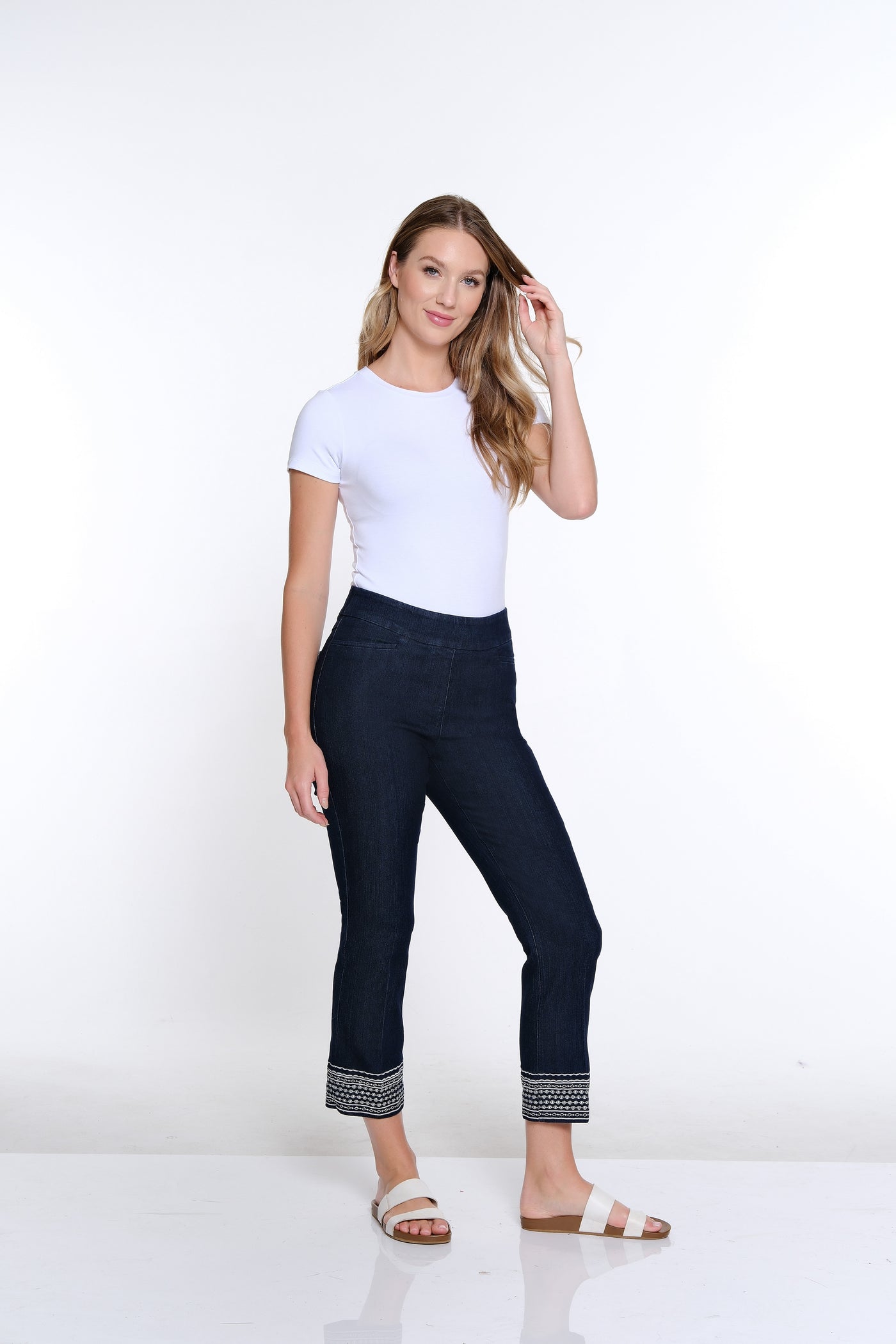 Embroidered Hem Ankle Pant- Denim