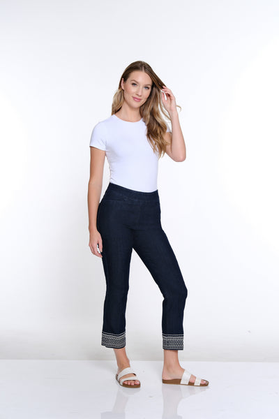 Plus Embroidered Hem Ankle Pant- Denim